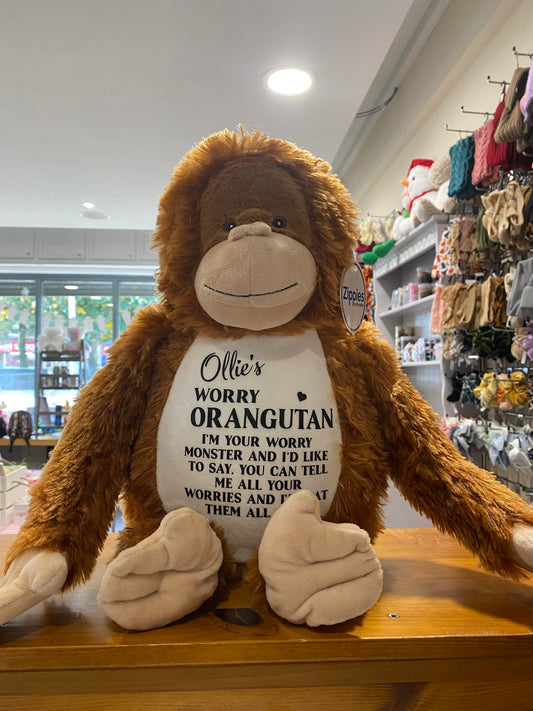 Worry Orangutan, Mumbles Bear, Personalised Soft Toy