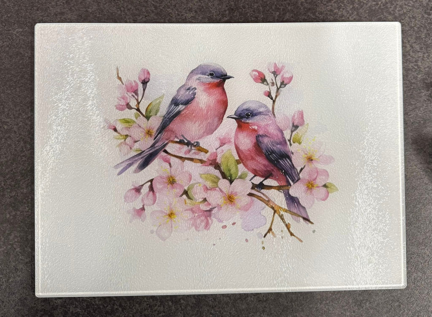 Large Glass Chopping Board, Pink Birds, Sublimation, Worktop Saver