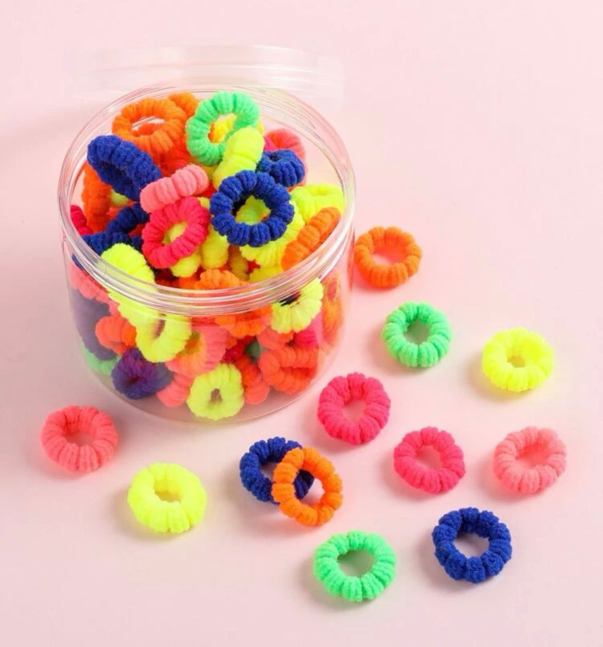 Box of Bright Coloured Bobbles, Hair Elastic, Bobble in plastic tub
