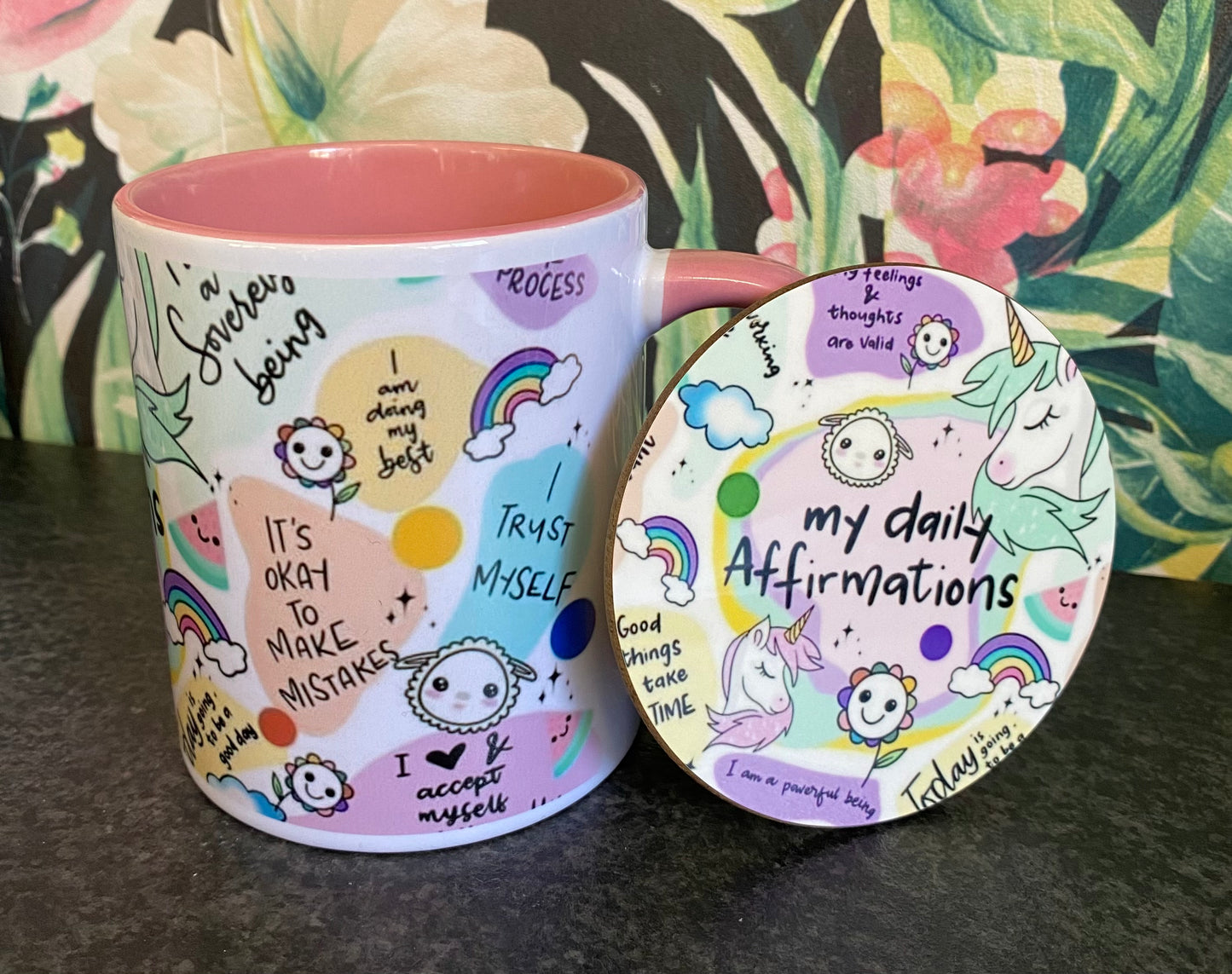 Daily Affirmations, Pink, Ceramic Mug, Coaster, Cushion, Water Bottle, Keyring, Travel Mug