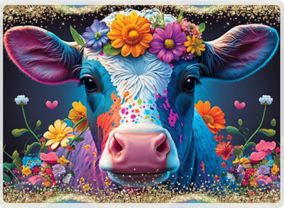 Glass Chopping Board, Colourful Cow, Worktop Saver