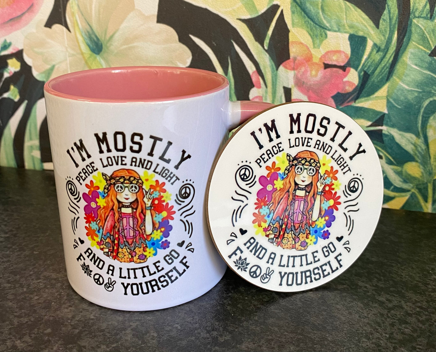 I’m mostly Peace, Love and Light, Hippie, Ceramic Mug & Coaster