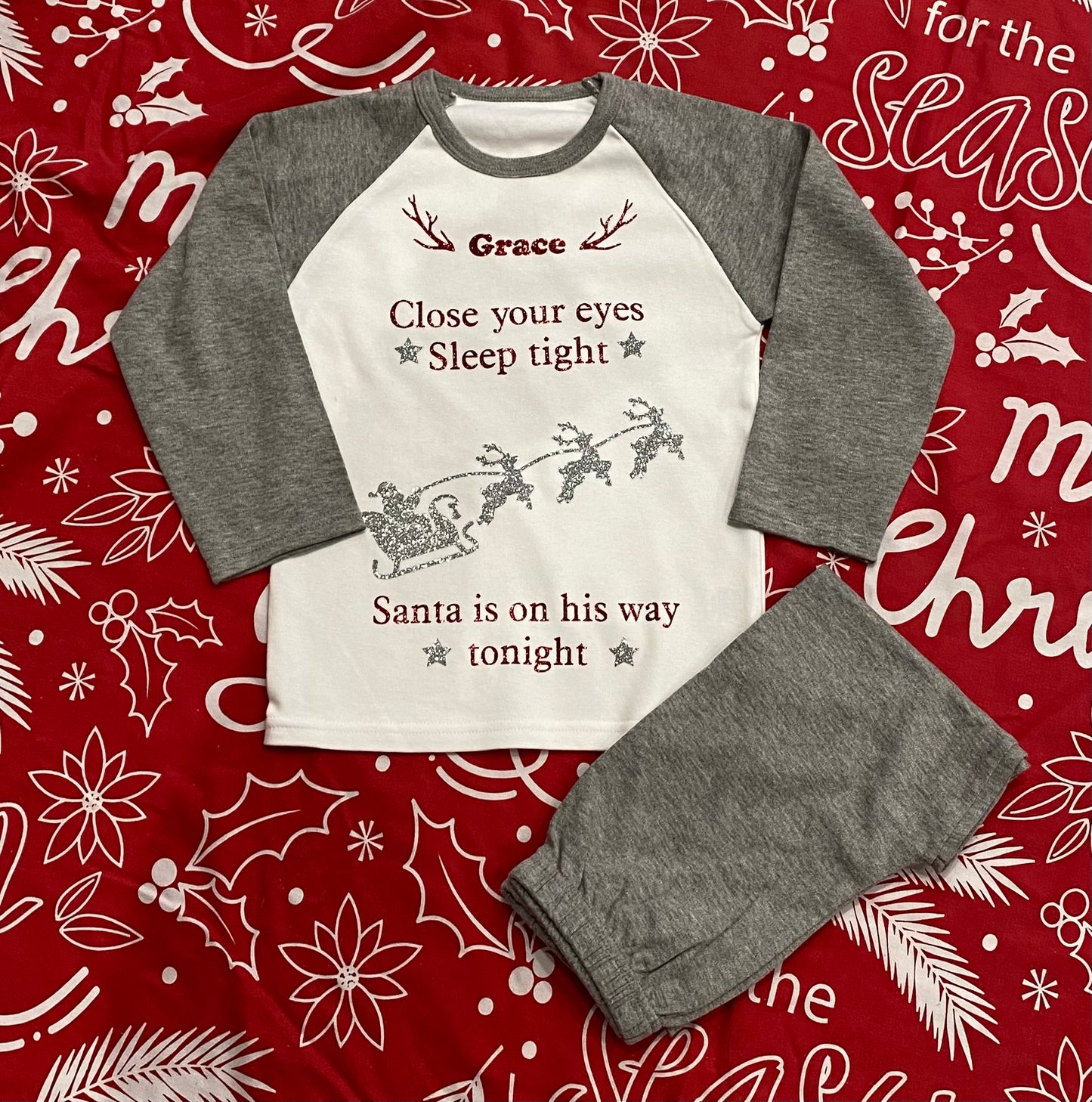 Kids Personalised Christmas Eve PJs - Plain Grey - Close your eyes, Santa, Ages 6months - 10 Years