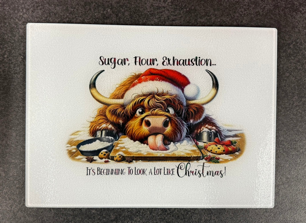 Large Glass Christmas Chopping Board, Highland Cow, Sublimation, Worktop Saver