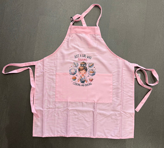 Just a Girl who loves Cooking & Baking Adult Apron, Pink, White or Beige Pinny, Cooking, Baking, Personalised, Unisex, Mens, Women’s