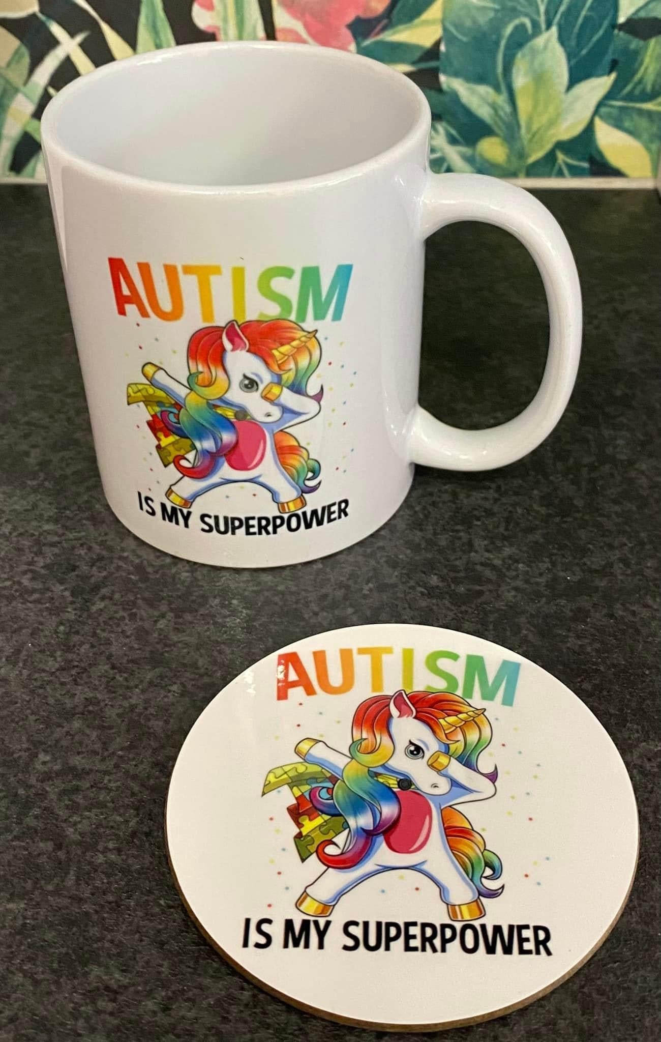 Autism is my Superpower, Unicorn, Travel Mug, Ceramic Mug, Coaster, Cushion, Water Bottle, Keyring