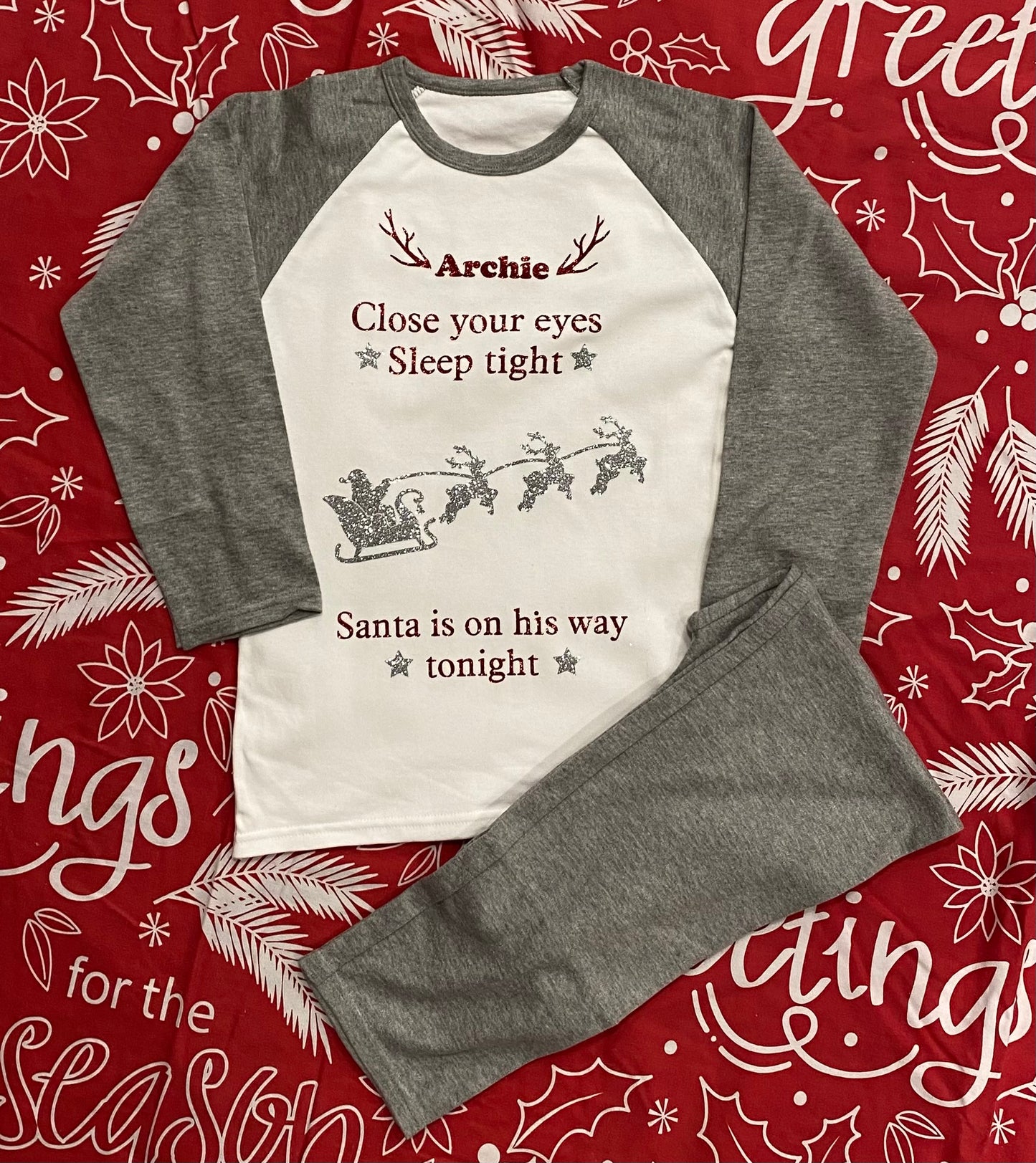 Kids Personalised Christmas Eve PJs - Plain Grey - Close your eyes, Santa, Ages 6months - 10 Years