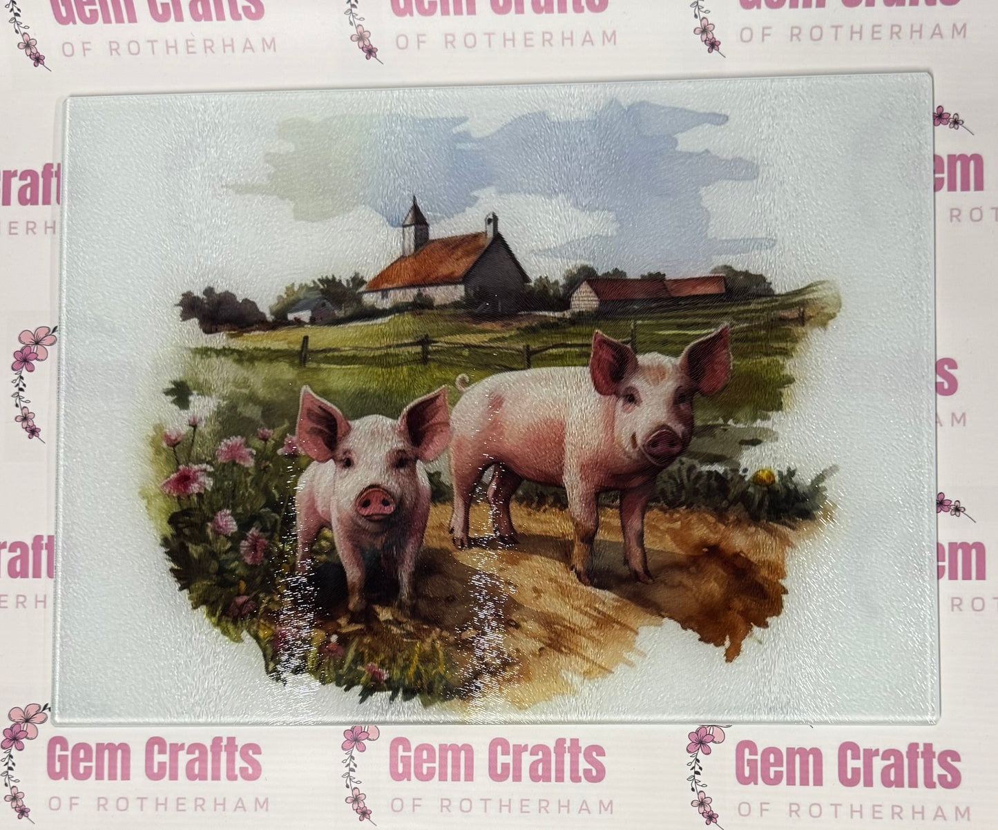 Large A3 Glass Chopping Board, Pigs on the Farm, Worktop Saver, Pan Stand