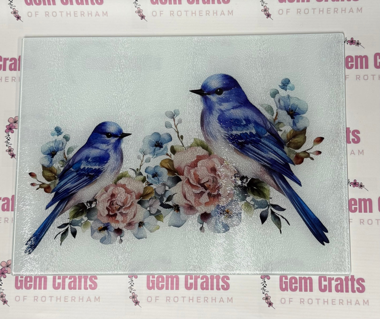 Large (A3) Glass Chopping Board, Blue Birds, Worktop Saver, Pan Stand