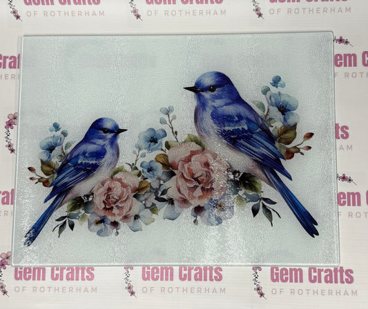 Large (A3) Glass Chopping Board, Blue Birds, Worktop Saver, Pan Stand