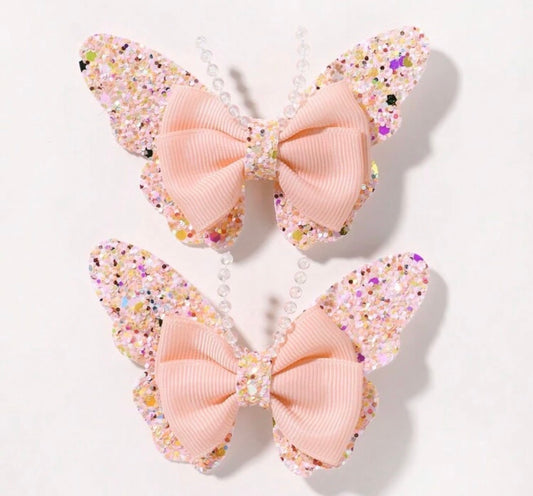 Sparkly Peach Butterfly, Hairbows, Hair, Bow, Hair Clip