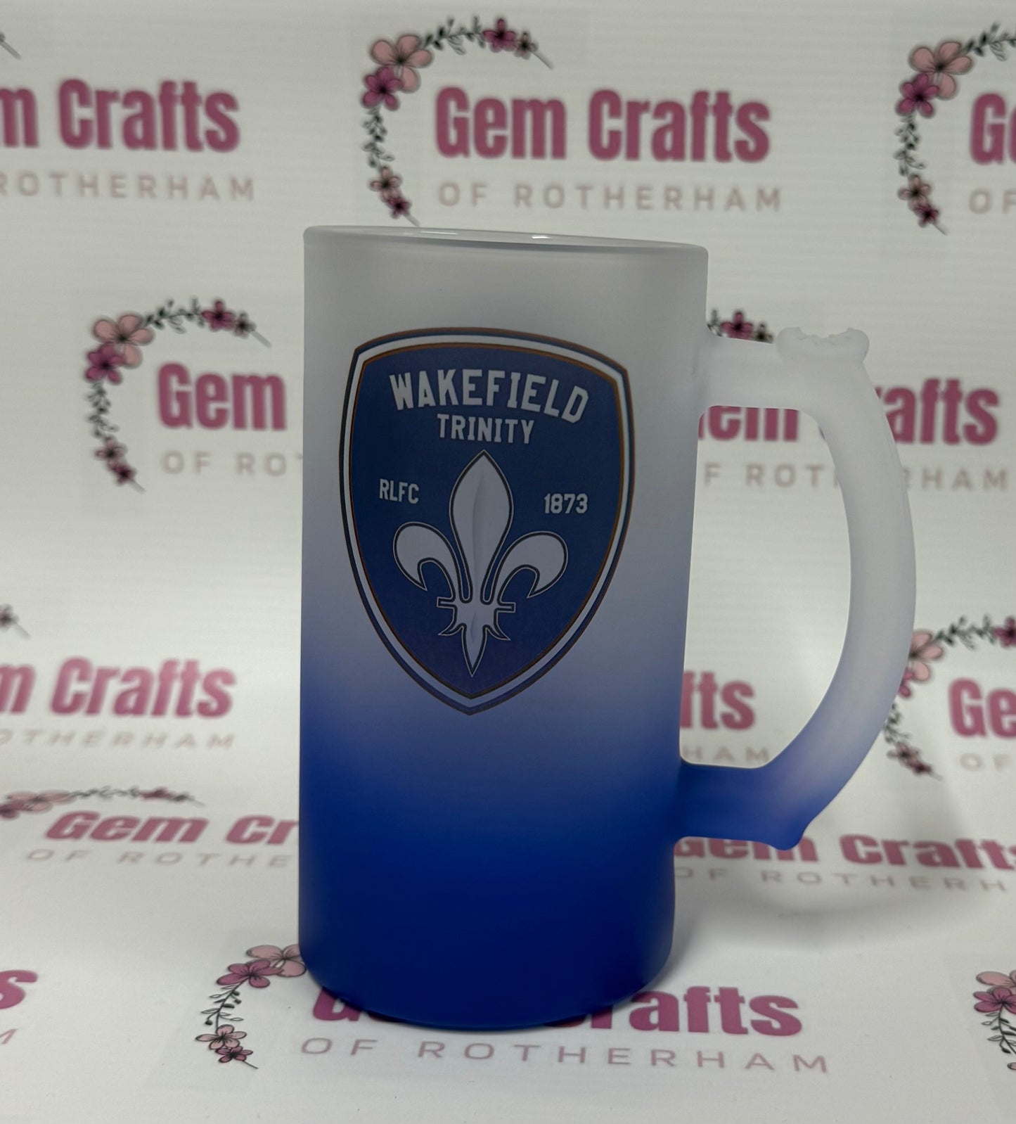Wakefield Trinity, Blue Frosted Glass Stein, 16oz Glass, 450ml, Cold Use, Perfect Gift, Personalised