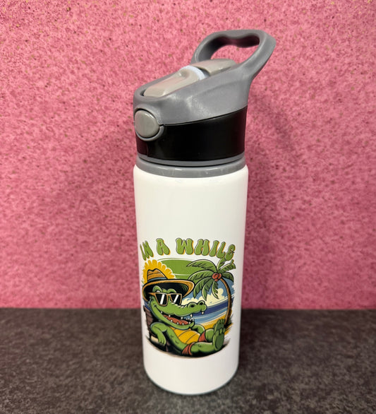 In a While, Crocodile, Straw Lid, Flip Top, Water Bottle, Personalised