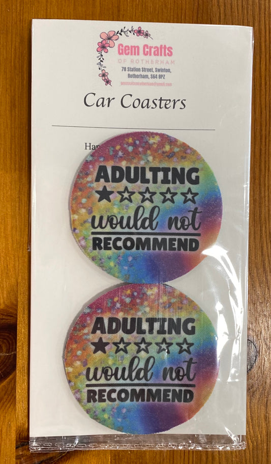 Adulting, would not recommend, Car Coasters, Funny Car Decoration, Set of 2