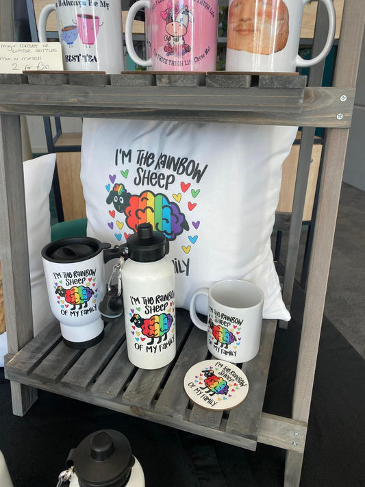 I’m the Rainbow Sheep of My Family, Travel Mug, Ceramic Mug, Coaster, Cushion, Water Bottle, Keyring