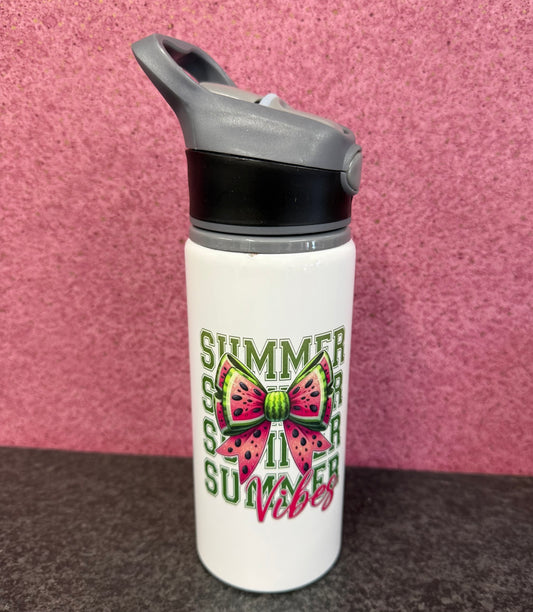 Summer Vibes, Watermelon Bow, Straw Lid, Flip Top, Water Bottle, Personalised