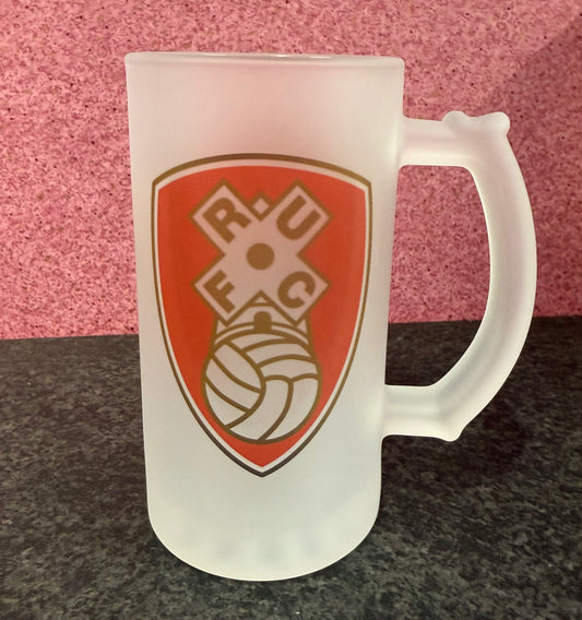 Rotherham United Frosted Glass Stein, 16oz Glass, 450ml, Cold Use, Perfect Gift, Personalised