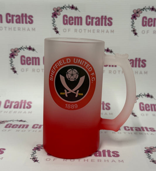 Sheffield United, Red Frosted Glass Stein, 16oz Glass, 450ml, Cold Use, Perfect Gift, Personalised