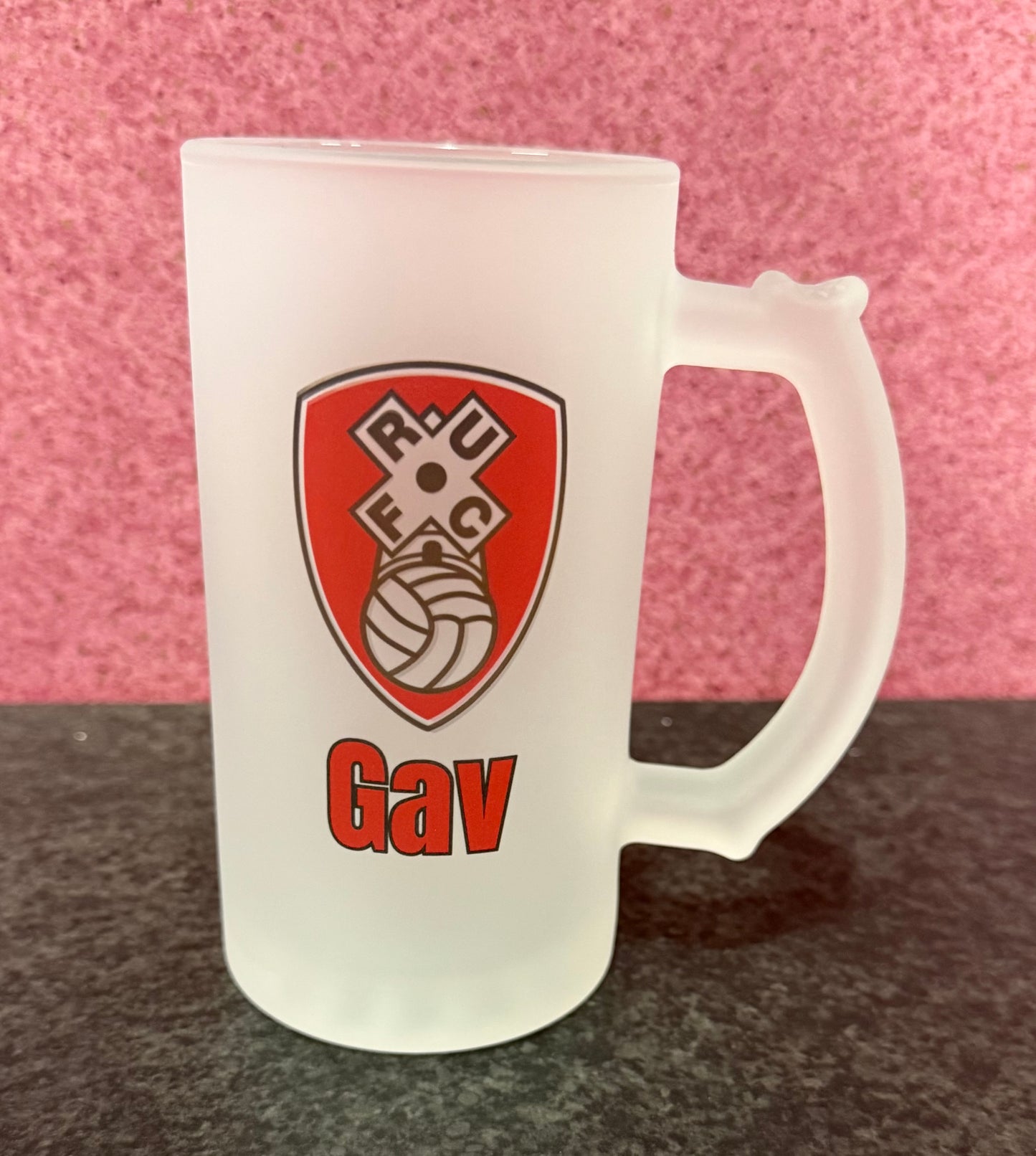 Rotherham United Frosted Glass Stein, 16oz Glass, 450ml, Cold Use, Perfect Gift, Personalised