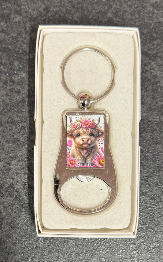 Highland Cow, Pink, Metal Bottle Opener Keyring, Key Ring