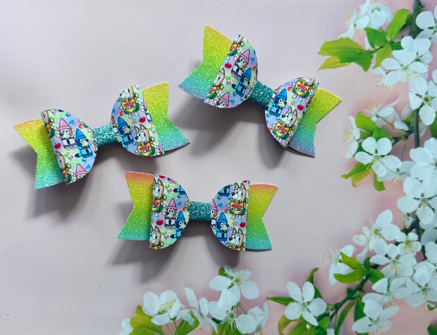 Handmade Bluey & Bingo Crayon Hairbow, Hair, Bow, Clip