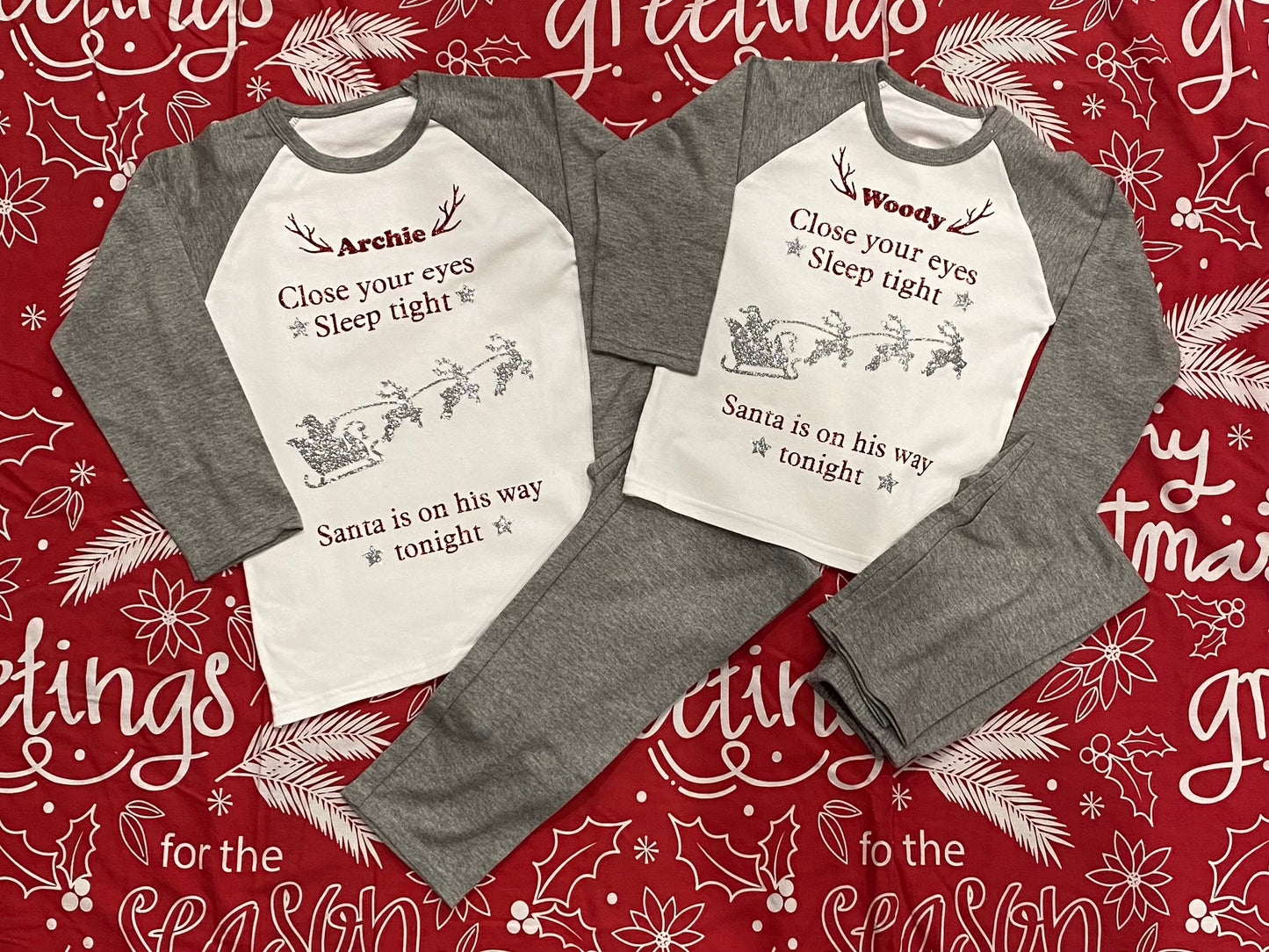 Kids Personalised Christmas Eve PJs - Plain Grey - Close your eyes, Santa, Ages 6months - 10 Years