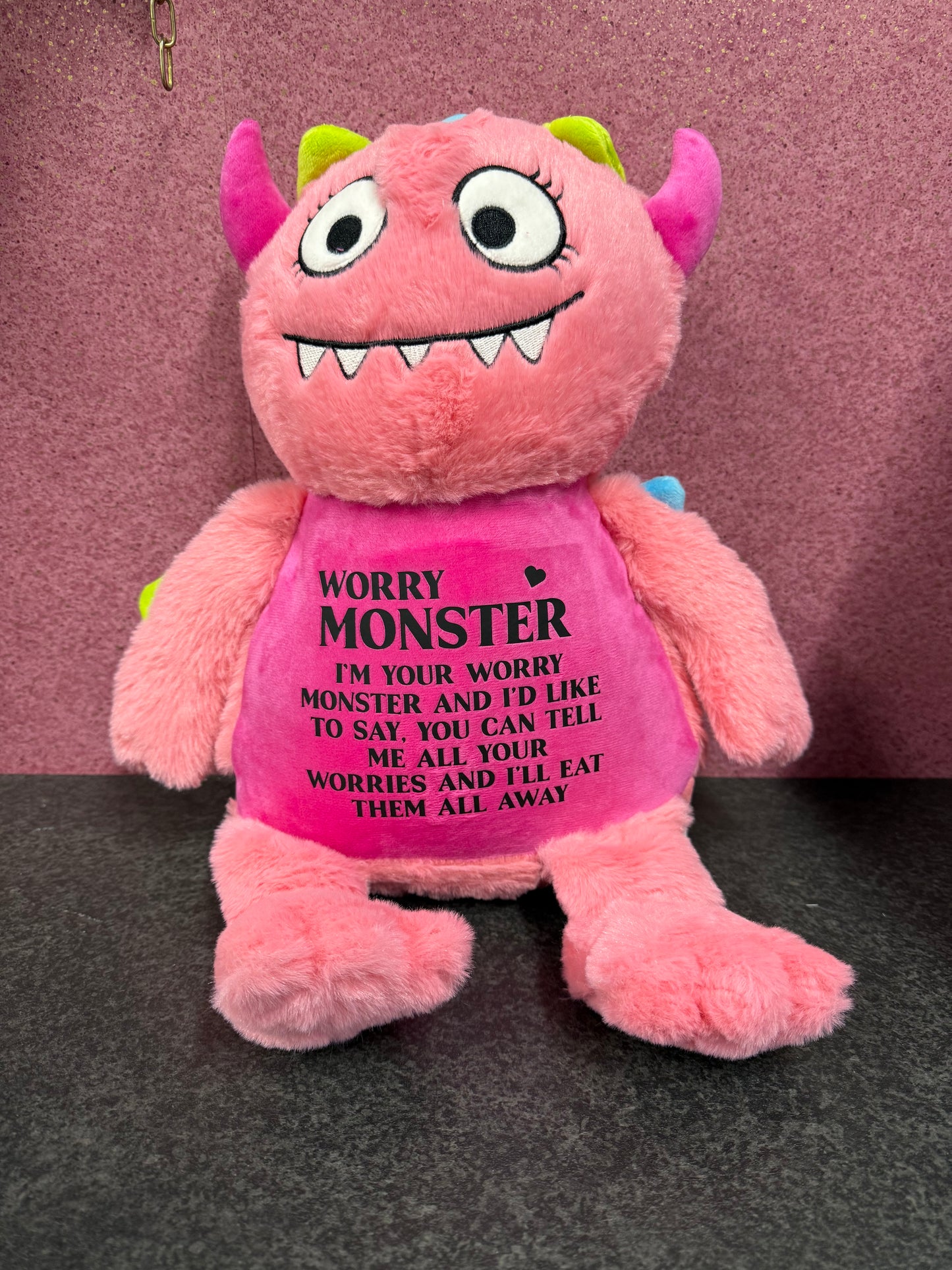 Pink Worry Monster, Tummi Bear, Personalised Soft Toy