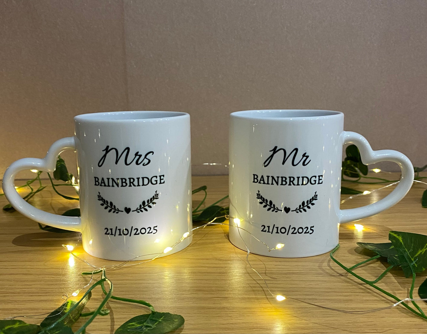 Wedding, Bride & Groom Mug, Mr & Mrs Personalised, Ceramic Mug, Heart Handle