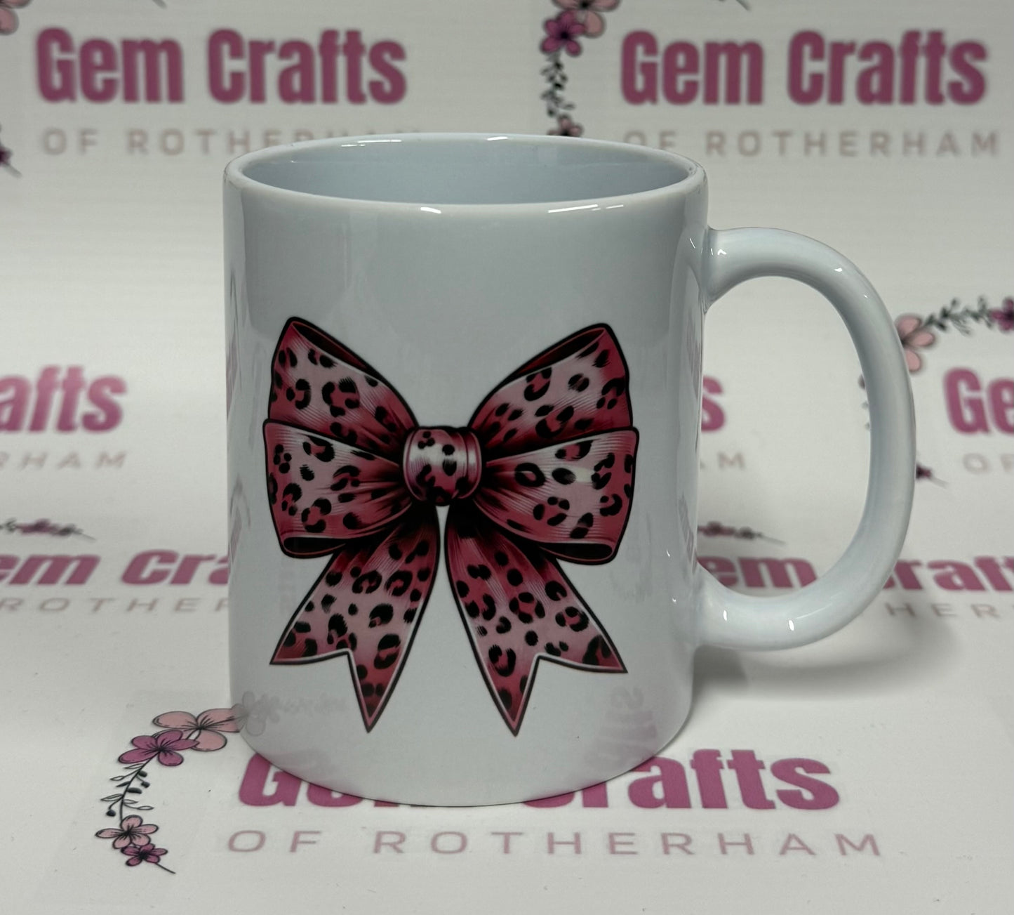 Pink Leoprd Print Bow, 11oz, Ceramic Mug, Personalised