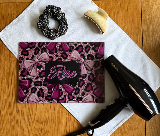 Personalised Glass Beauty Board, Makeup, Straightener, Curling tong rest , Worktop Saver, Pink Ribbons