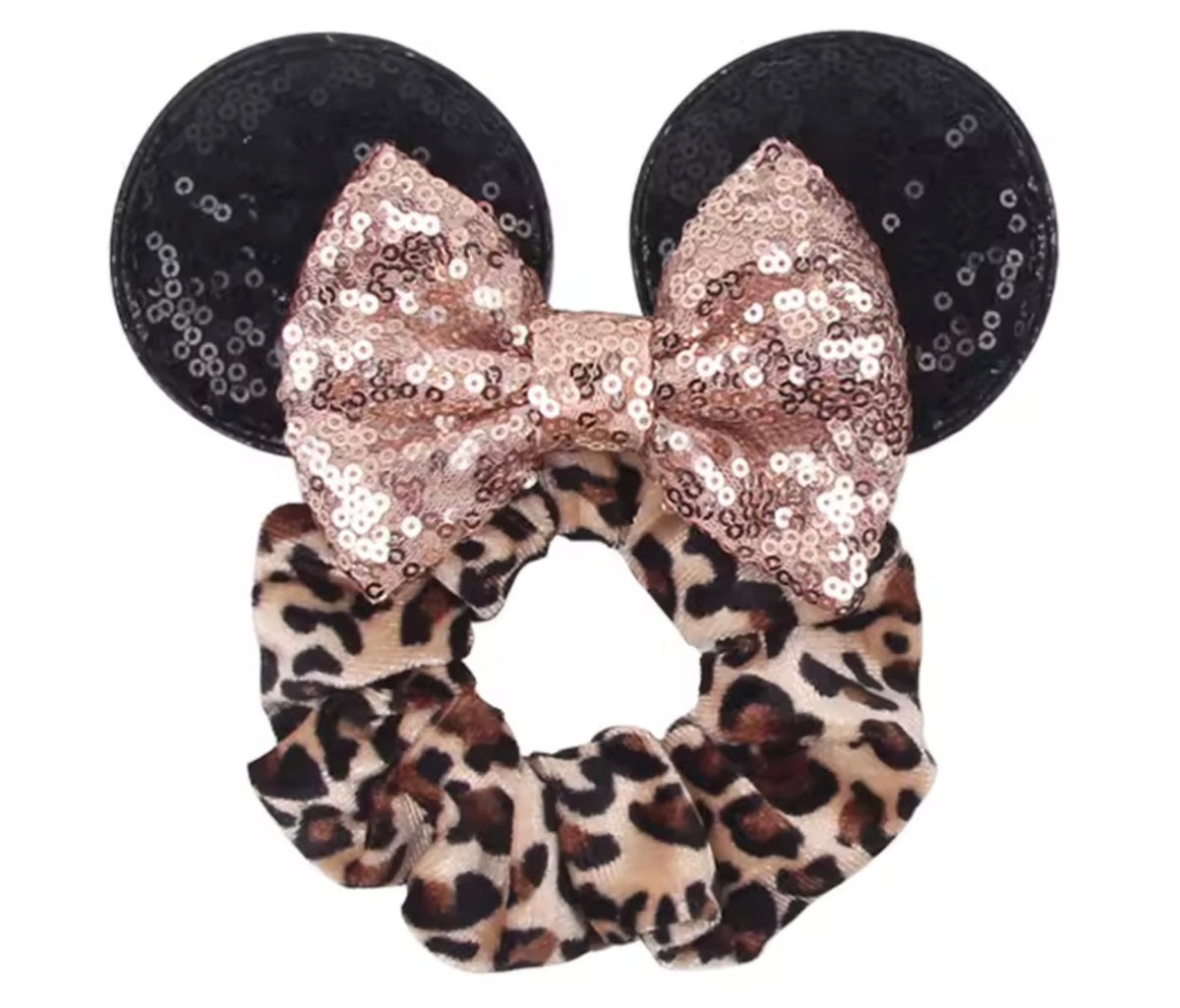 Mouse Ear Velvet Scrunchie, Leopard Print, Sparkly