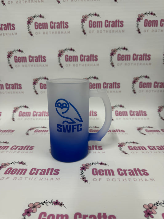 Sheffield Wednesday, SWFC, Blue Frosted Glass Stein, 16oz Glass, 450ml, Cold Use, Perfect Gift, Personalised