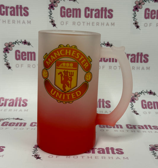 Manchester United, Red Frosted Glass Stein, 16oz Glass, 450ml, Cold Use, Perfect Gift, Personalised