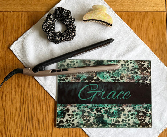 Personalised Glass Beauty Board, Makeup, Straightener, Curling tong rest, Worktop Saver, Turquoise Cow