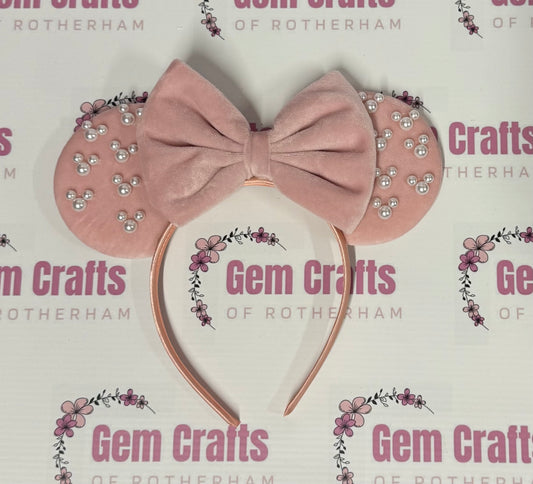 Mouse Ears, Pink, Velvet, Pearls, Headband