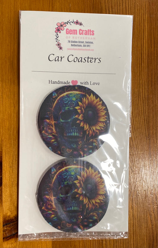 Skull & Sun Flower Car Coasters, Funny Car Decoration, Set of 2