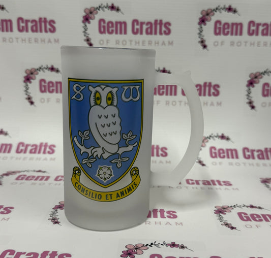 Sheffield Wednesday Frosted Glass Stein, 16oz Glass, 450ml, Cold Use, Perfect Gift, Personalised