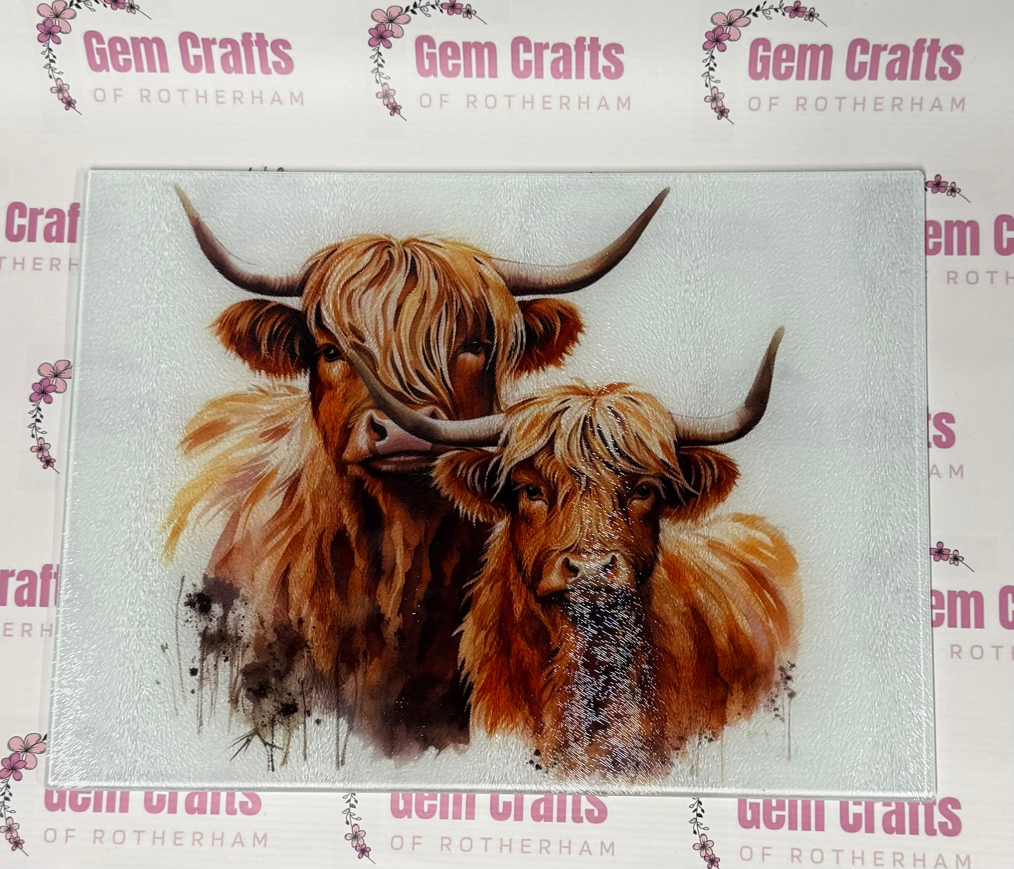 Large (A3) Glass Chopping Board, 2 Highland Cows, Worktop Saver, Pan Stand