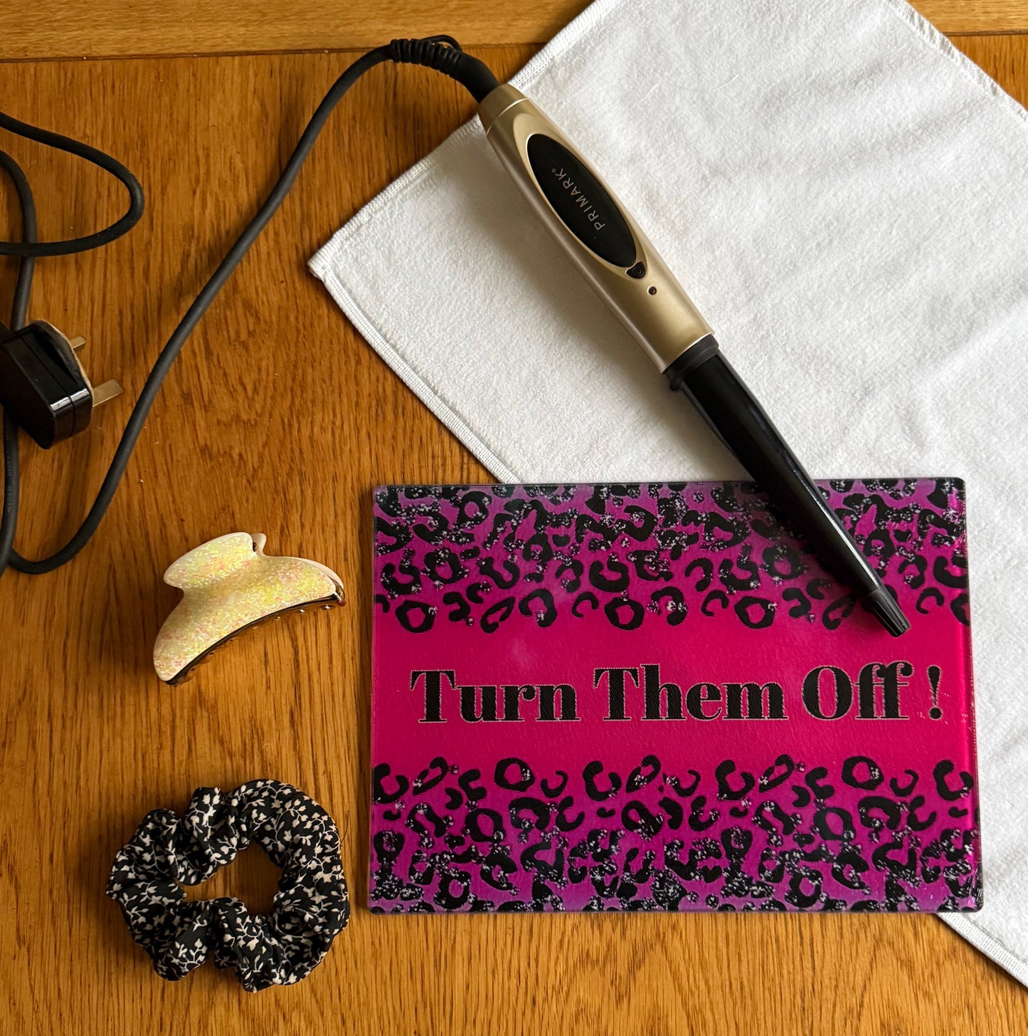 Glass Beauty Board, Makeup, Straightener, Curling tong rest , Worktop Saver, Turn them Off