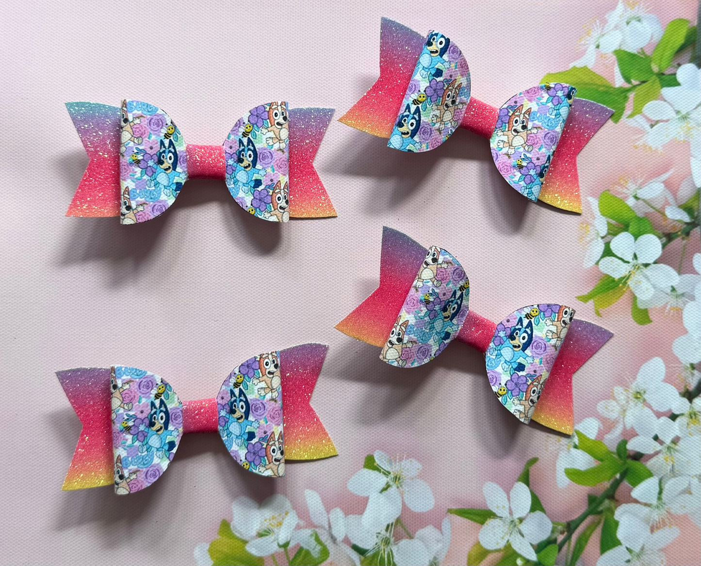 Handmade Bluey & Bingo Rainbow Hairbow, Pink, Hair, Bow, Clip