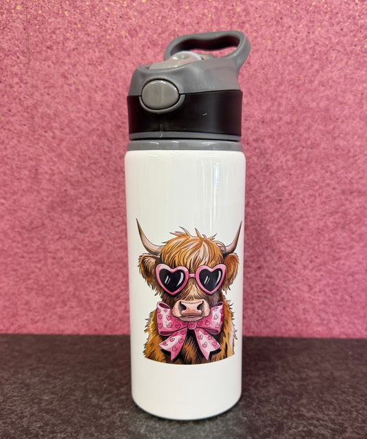 Highland Cow, Straw Lid, Flip Top, Water Bottle, Personalised