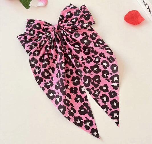 Large Pink Leopard Print Bow, Hair, Bow, Barrette Clip