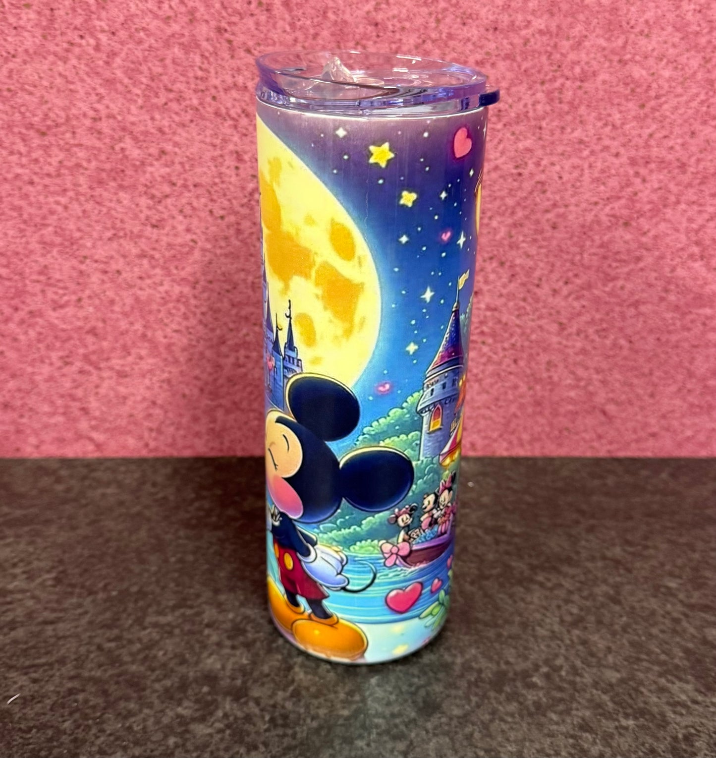 Minnie & Mickey Kissing, Castle, 20oz Tumbler, Insulated, Stainless Steel, Hot & Cold use, Personalised