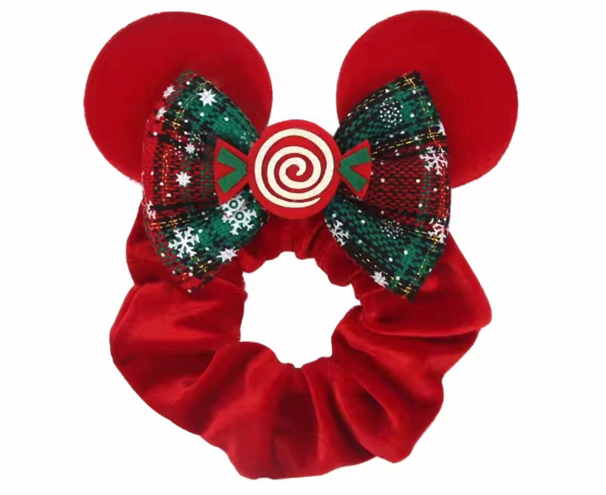 Mouse Ear Velvet Scrunchie, Red, Christmas, Tartan