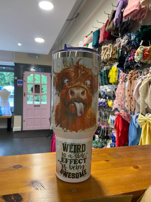 Weird is a side effect, 40oz Tumbler, 1.1 Litre, Insulated, Stainless Steel, Hot & Cold use, Personalised, Awesome Highland cow