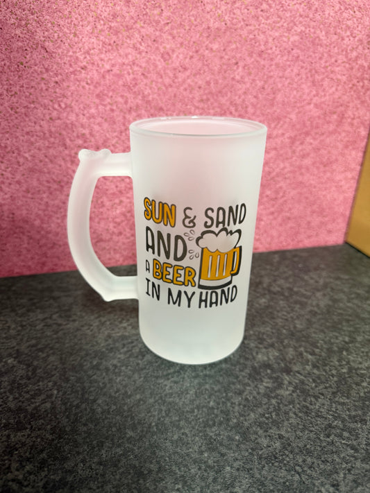 Sun, Sand & Beer in Hand Frosted Glass Stein, 16oz Glass, 450ml, Cold Use, Perfect Gift, Personalised