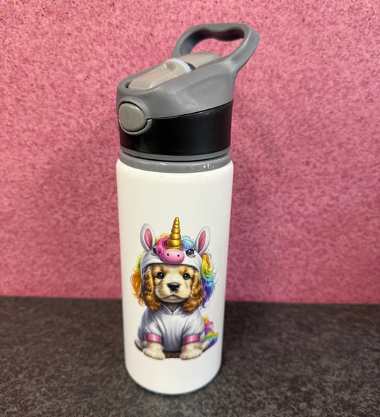 Spaniel, Unicorn, Straw Lid, Flip Top, Water Bottle, Personalised
