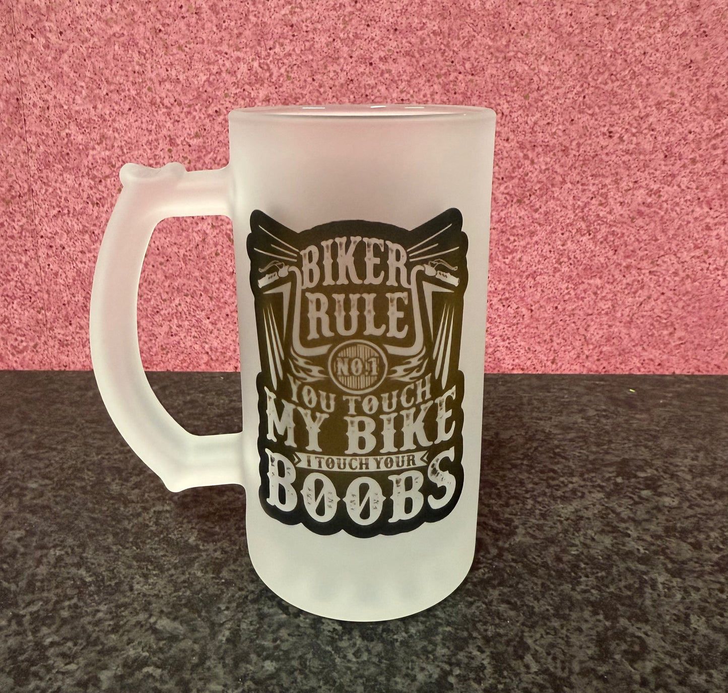 Biker Frosted Glass Stein, Touch my Bike and I Touch your boobs, 16oz Glass, 450ml, Cold Use, Perfect Gift, Personalised