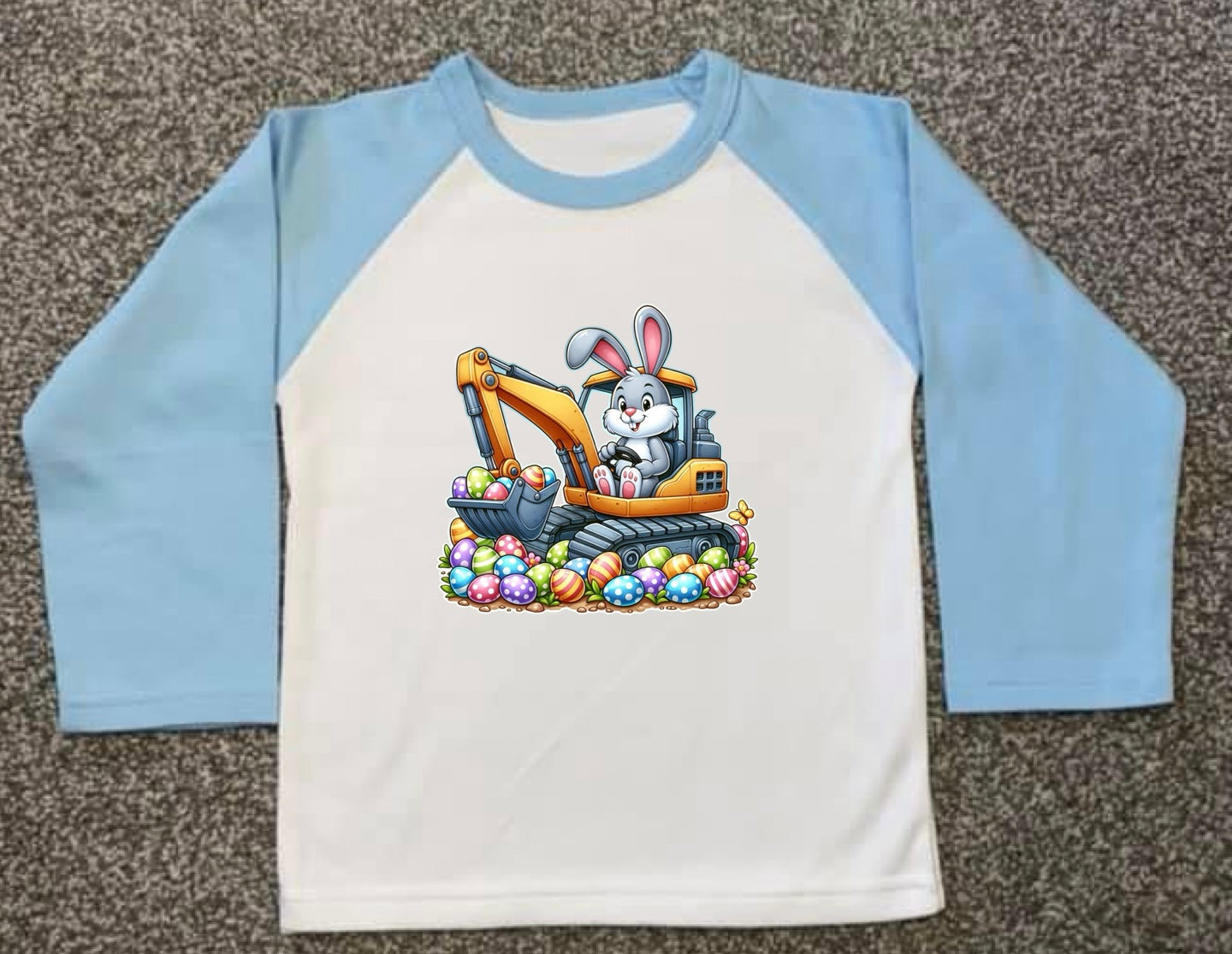 Kids Personalised Easter PJs - Plain Blue - Bunny in Digger, Ages 6 Month - 10 Years