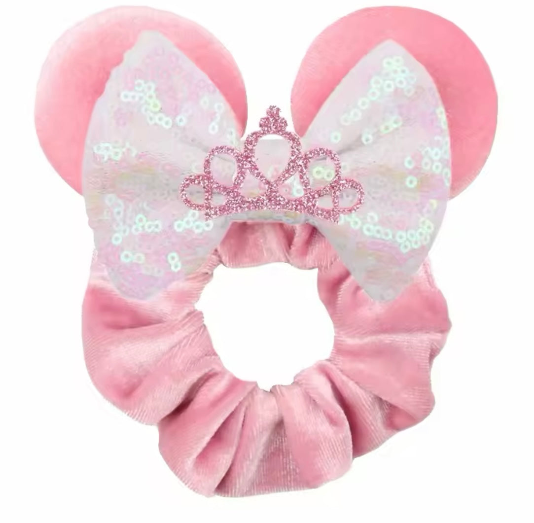 Mouse Ear Velvet Scrunchie, Pink, Princess Crown